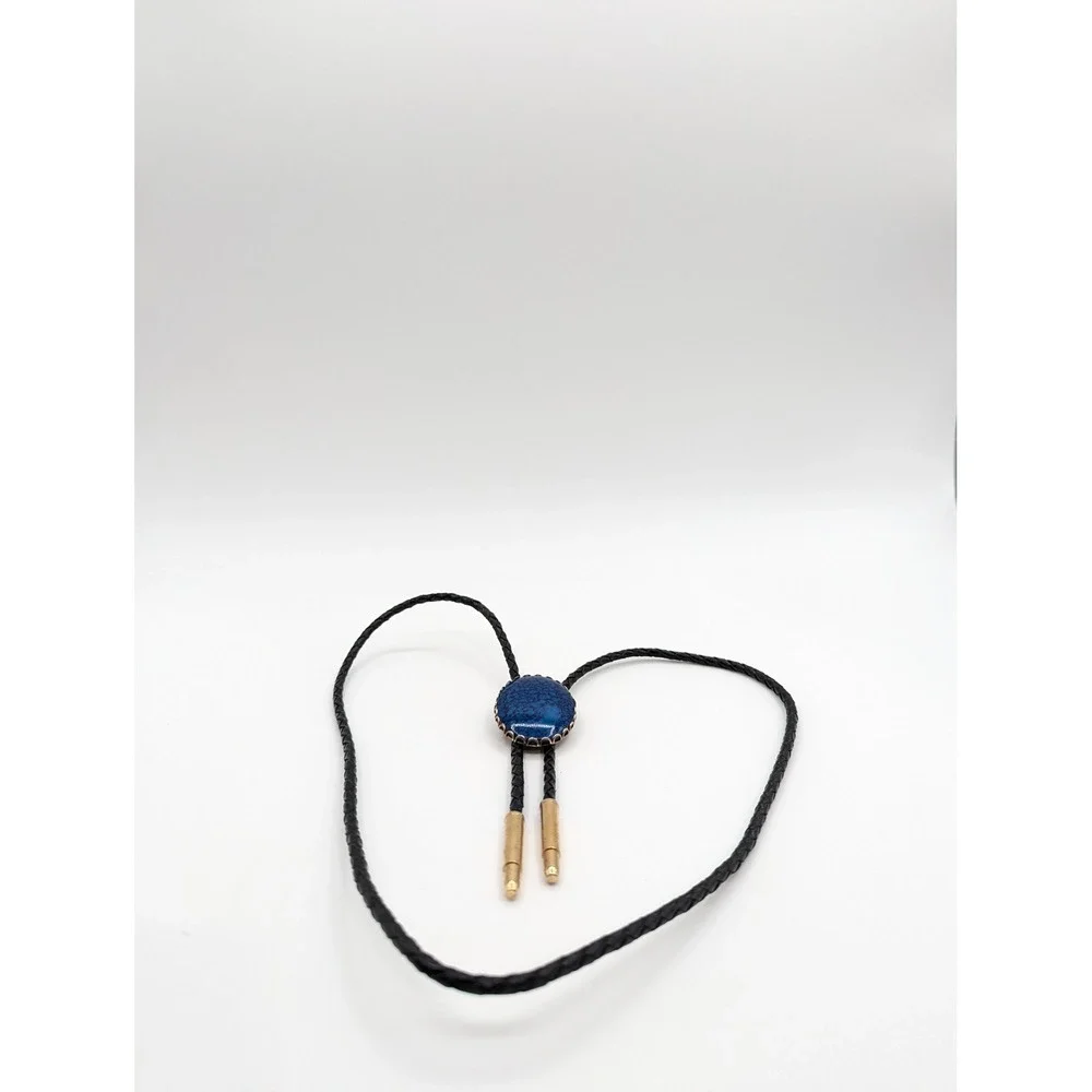 Vintage Western Bolo Tie Blue Faux Turquoise Oval Gold Silver Tone Black Cord‎